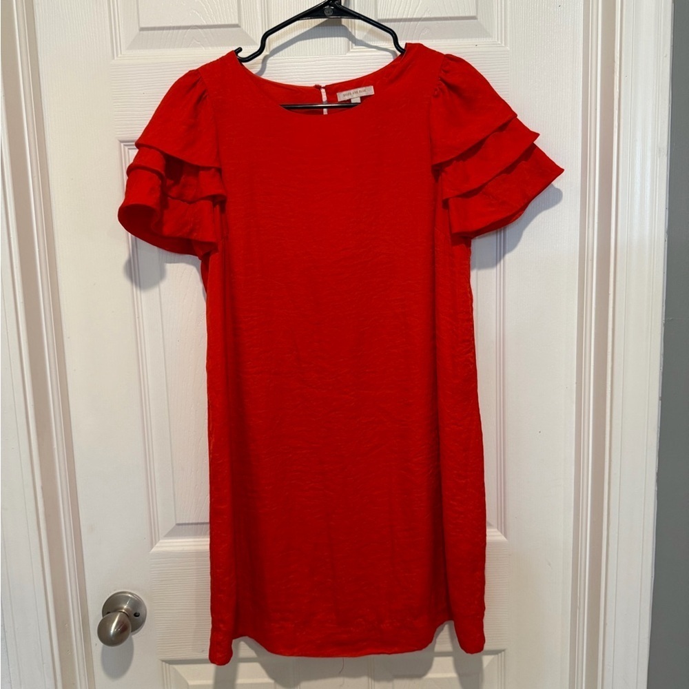 Skies Are Blue Red Ruffle Sleeve Shirt Dress Size XS.